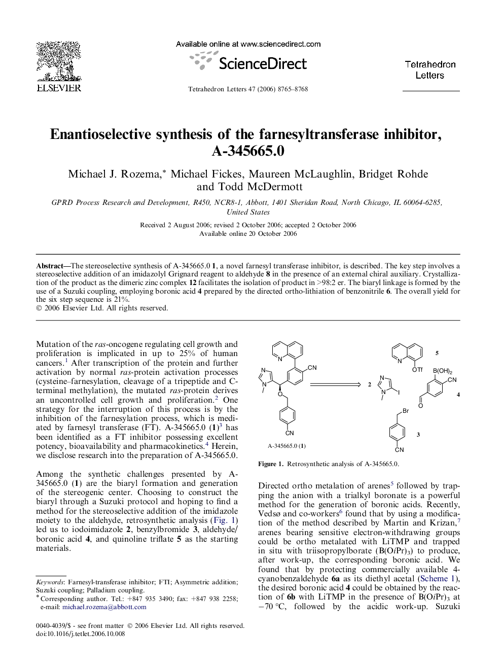 Enantioselective synthesis of the farnesyltransferase inhibitor, A-345665.0