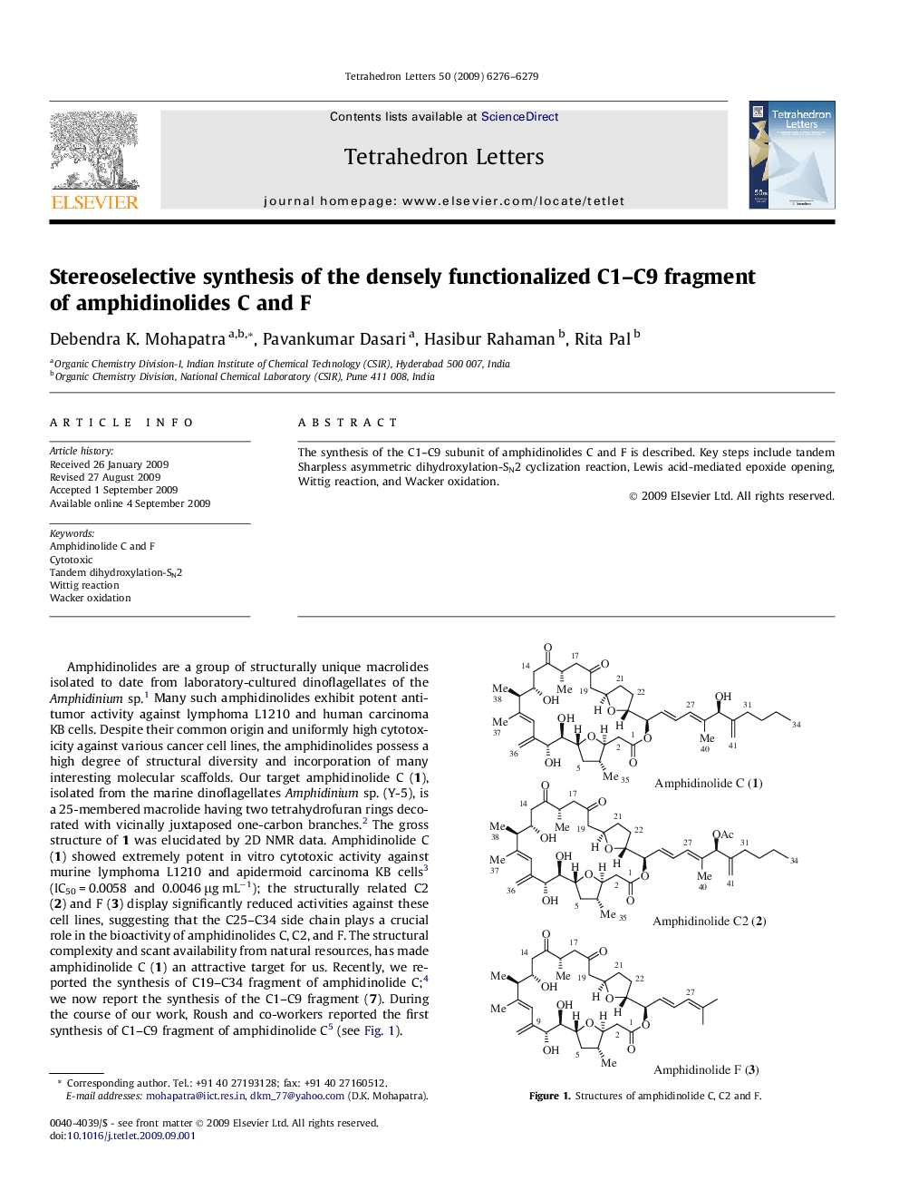 Stereoselective synthesis of the densely functionalized C1-C9 fragment of amphidinolides C and F