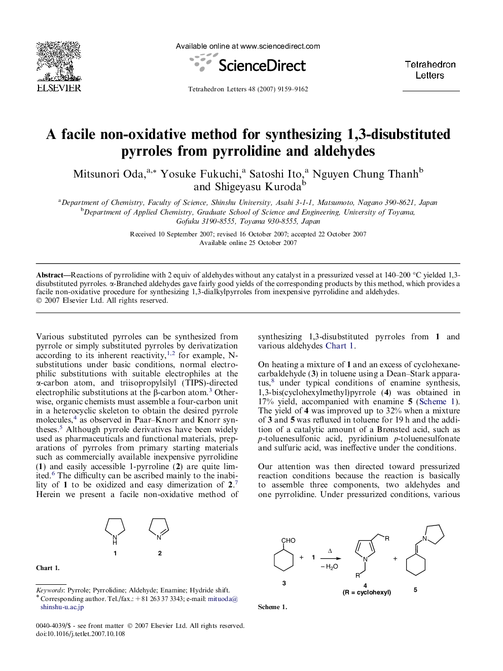 A facile non-oxidative method for synthesizing 1,3-disubstituted pyrroles from pyrrolidine and aldehydes