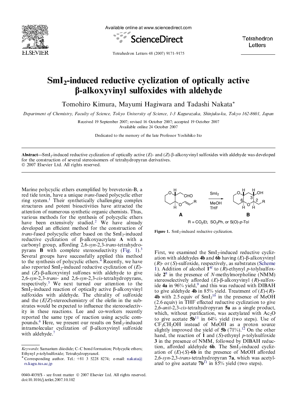 SmI2-induced reductive cyclization of optically active Î²-alkoxyvinyl sulfoxides with aldehyde