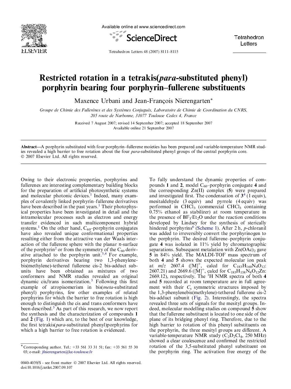 Restricted rotation in a tetrakis(para-substituted phenyl) porphyrin bearing four porphyrin-fullerene substituents