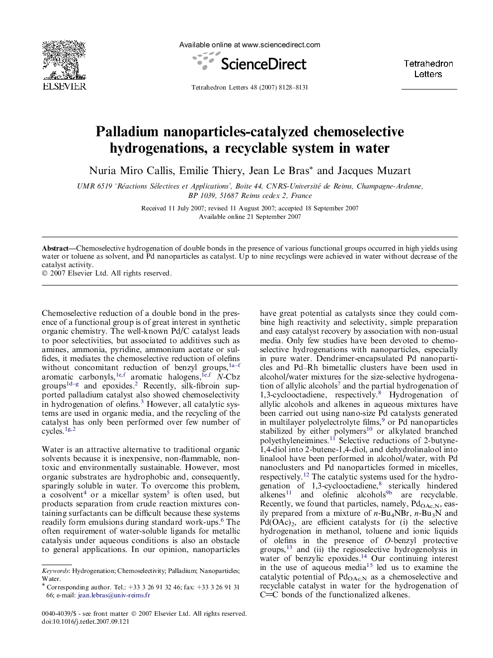 Palladium nanoparticles-catalyzed chemoselective hydrogenations, a recyclable system in water