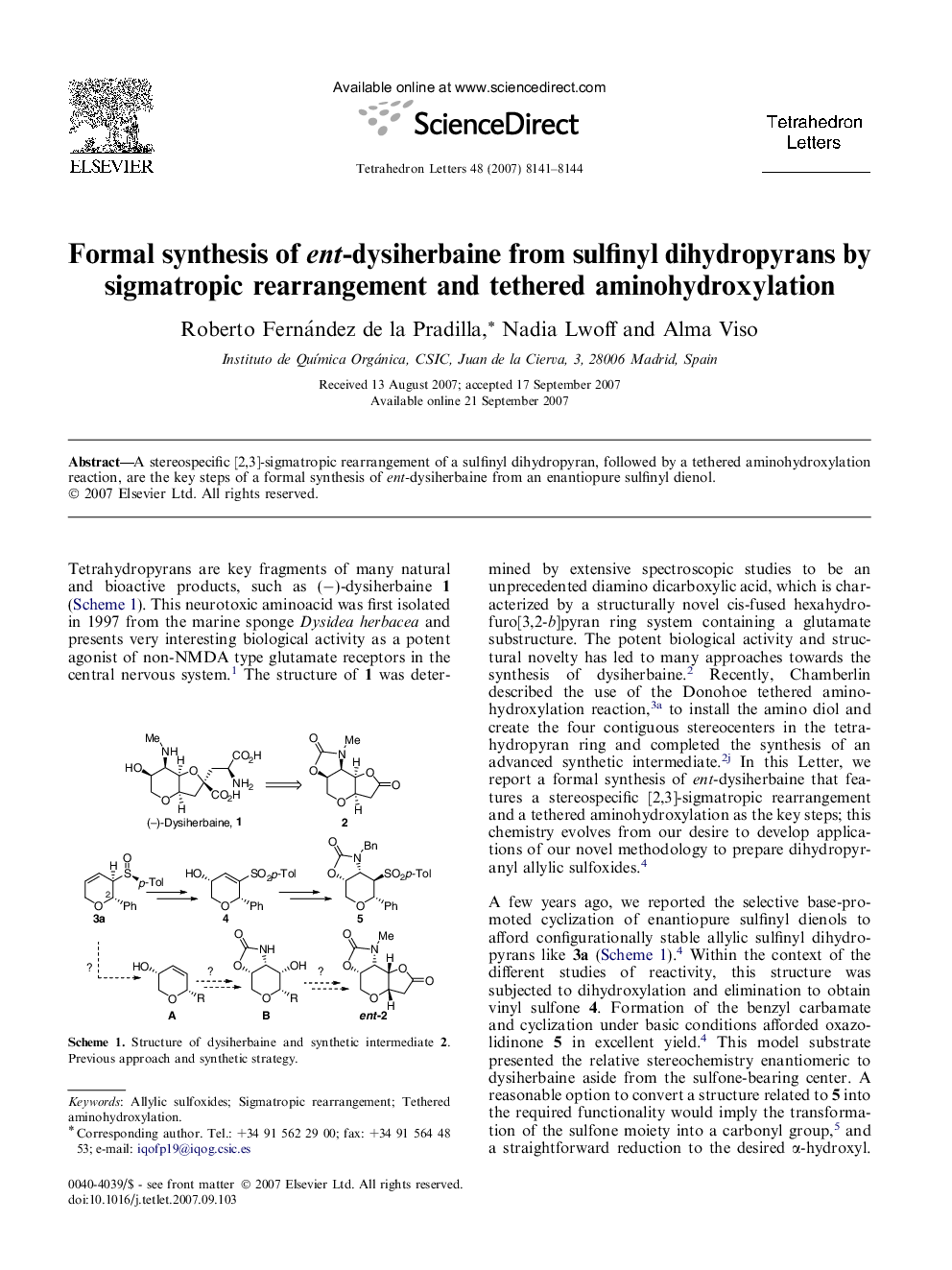 Formal synthesis of ent-dysiherbaine from sulfinyl dihydropyrans by sigmatropic rearrangement and tethered aminohydroxylation
