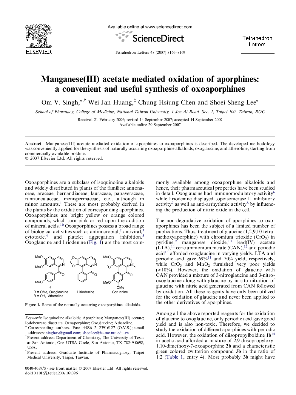 Manganese(III) acetate mediated oxidation of aporphines: a convenient and useful synthesis of oxoaporphines