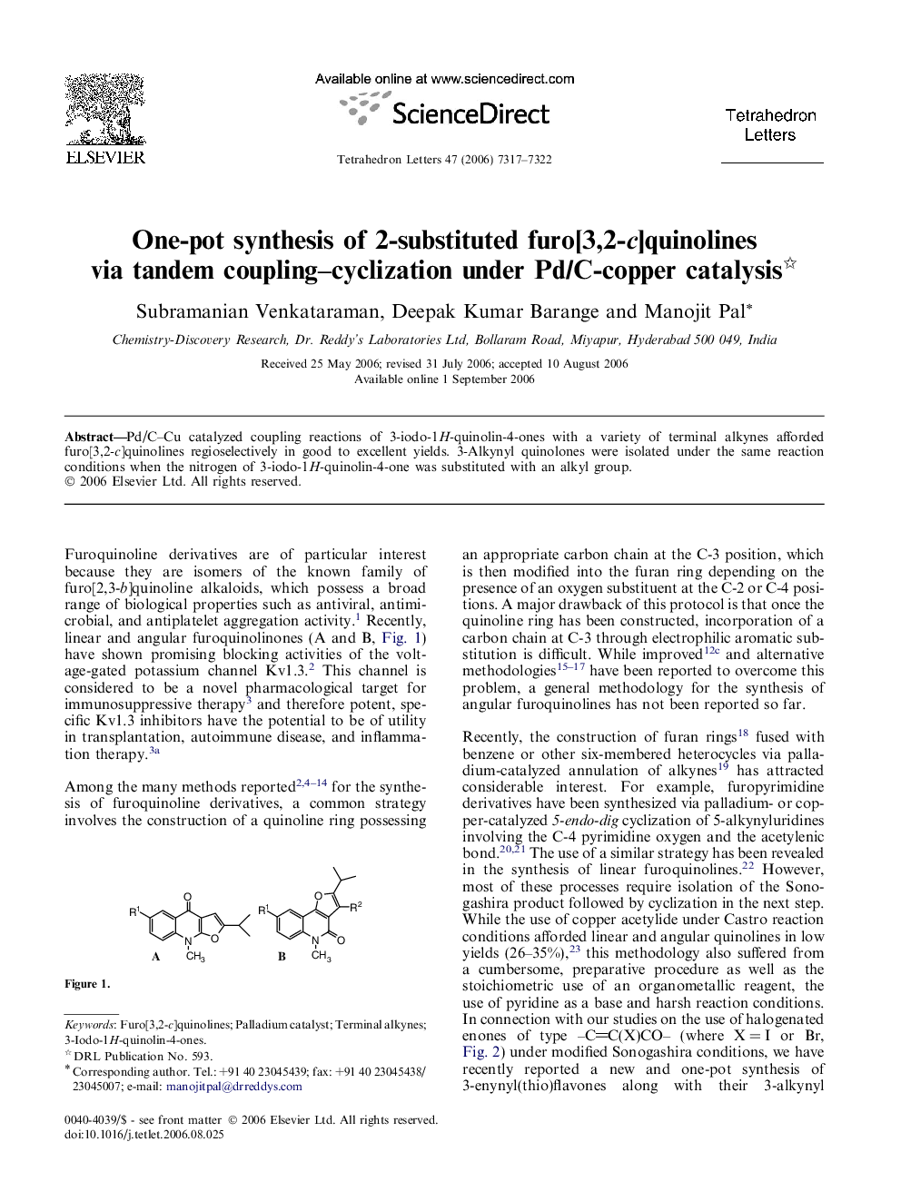 One-pot synthesis of 2-substituted furo[3,2-c]quinolines via tandem coupling-cyclization under Pd/C-copper catalysis