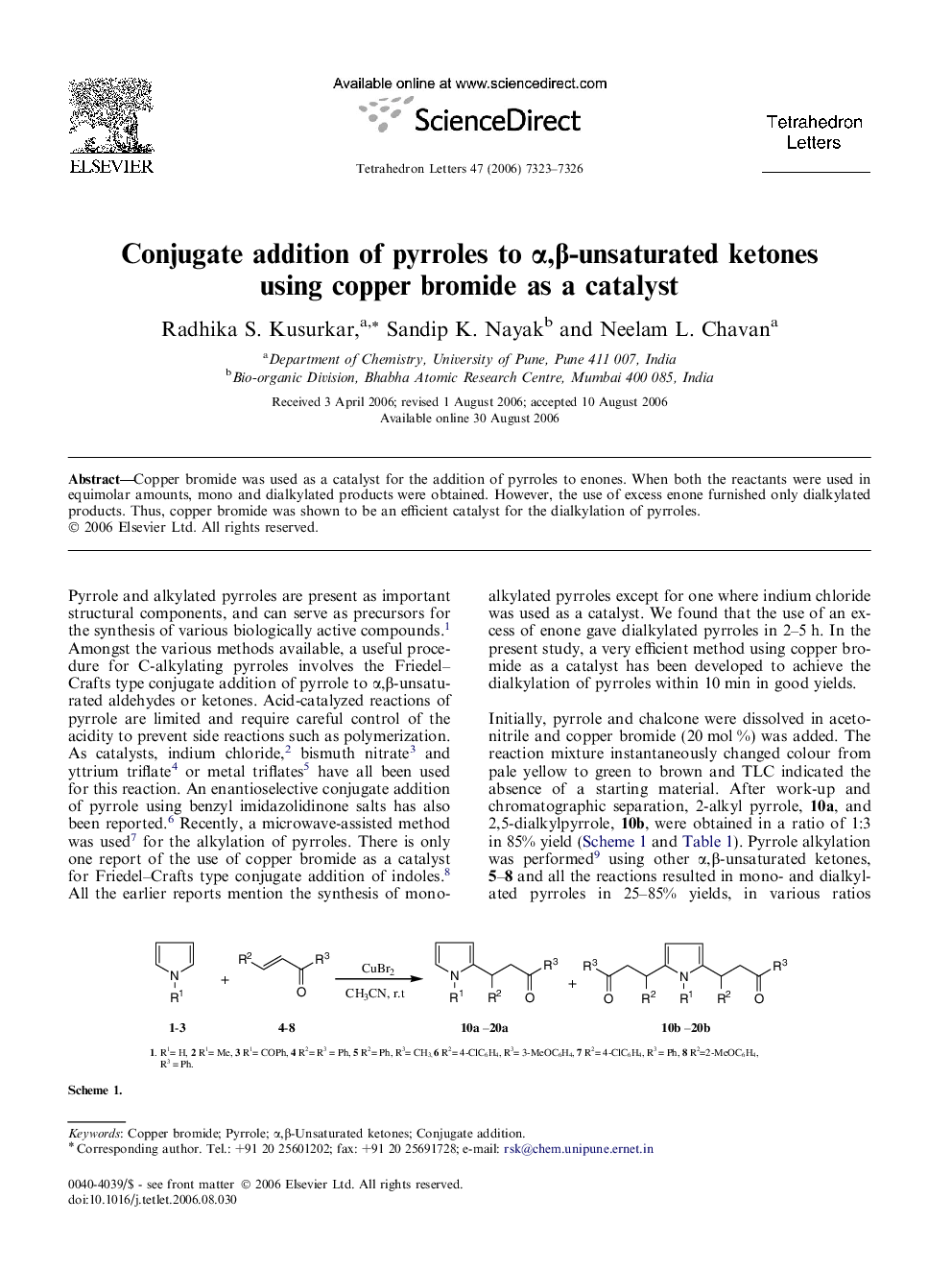 عکس صفحه اول مقاله: Conjugate addition of pyrroles to α,β-unsaturated ketones using copper bromide as a catalyst Conjugate addition of pyrroles to α,β-unsaturated ketones using copper bromide as a catalyst