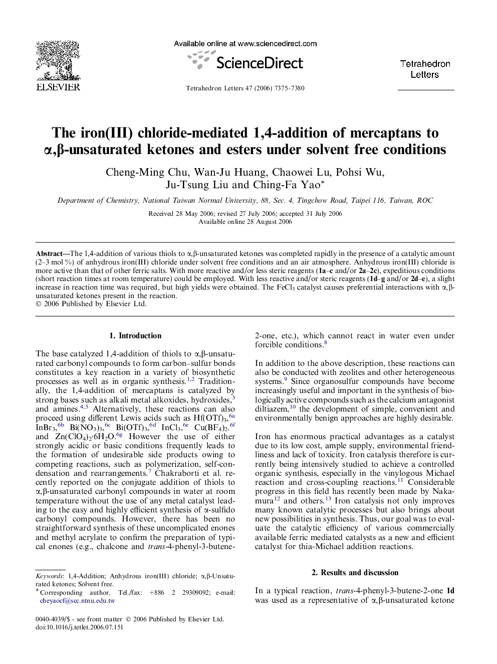 The iron(III) chloride-mediated 1,4-addition of mercaptans to Î±,Î²-unsaturated ketones and esters under solvent free conditions