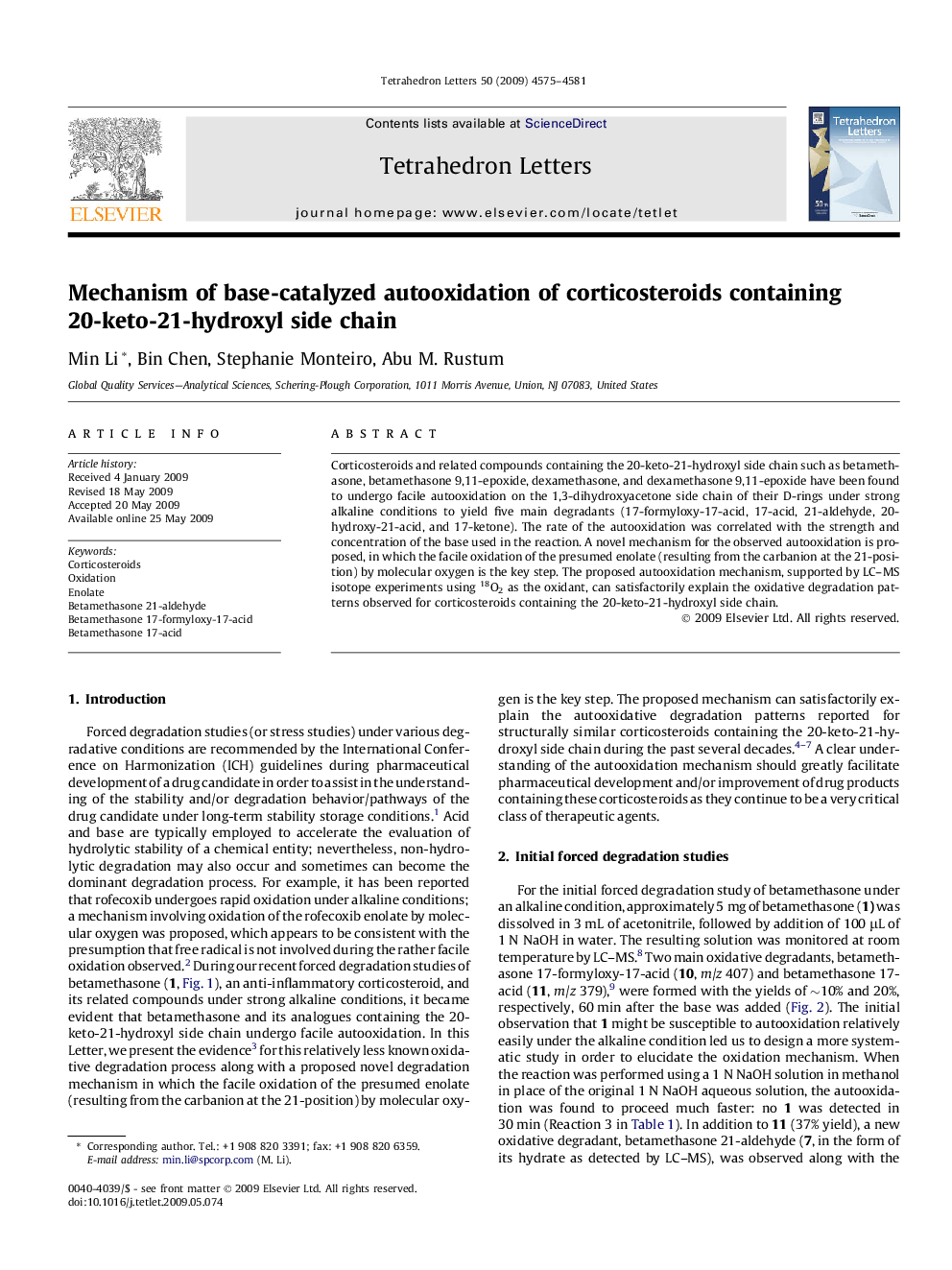 Mechanism of base-catalyzed autooxidation of corticosteroids containing 20-keto-21-hydroxyl side chain