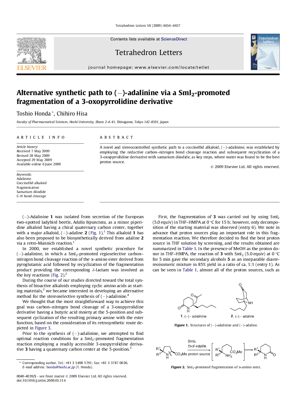 Alternative synthetic path to (â)-adalinine via a SmI2-promoted fragmentation of a 3-oxopyrrolidine derivative