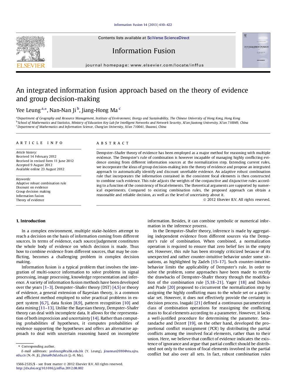 An integrated information fusion approach based on the theory of evidence and group decision-making