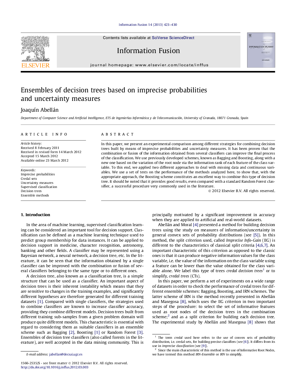 Ensembles of decision trees based on imprecise probabilities and uncertainty measures