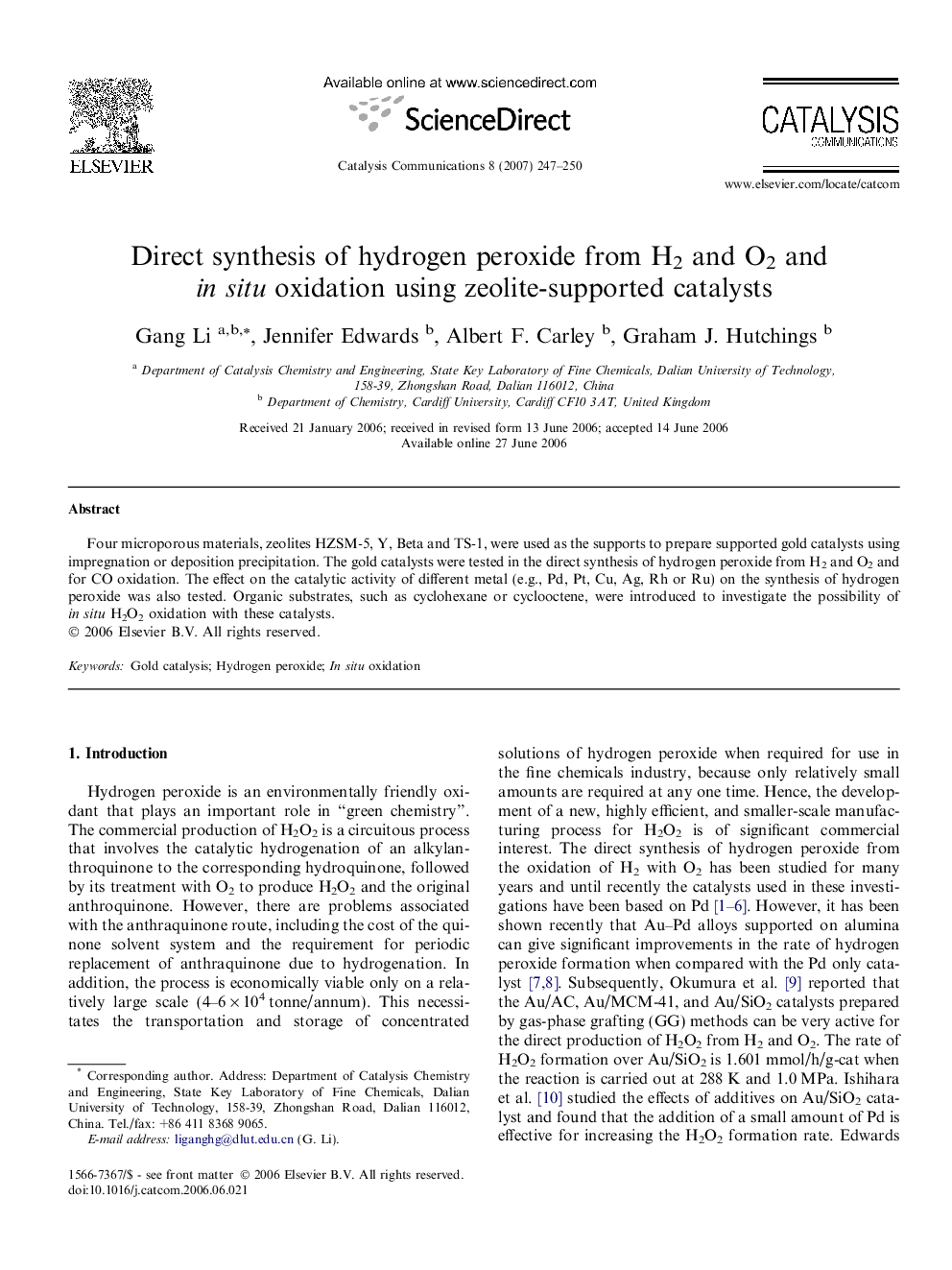 Direct synthesis of hydrogen peroxide from H2 and O2 and in situ oxidation using zeolite-supported catalysts