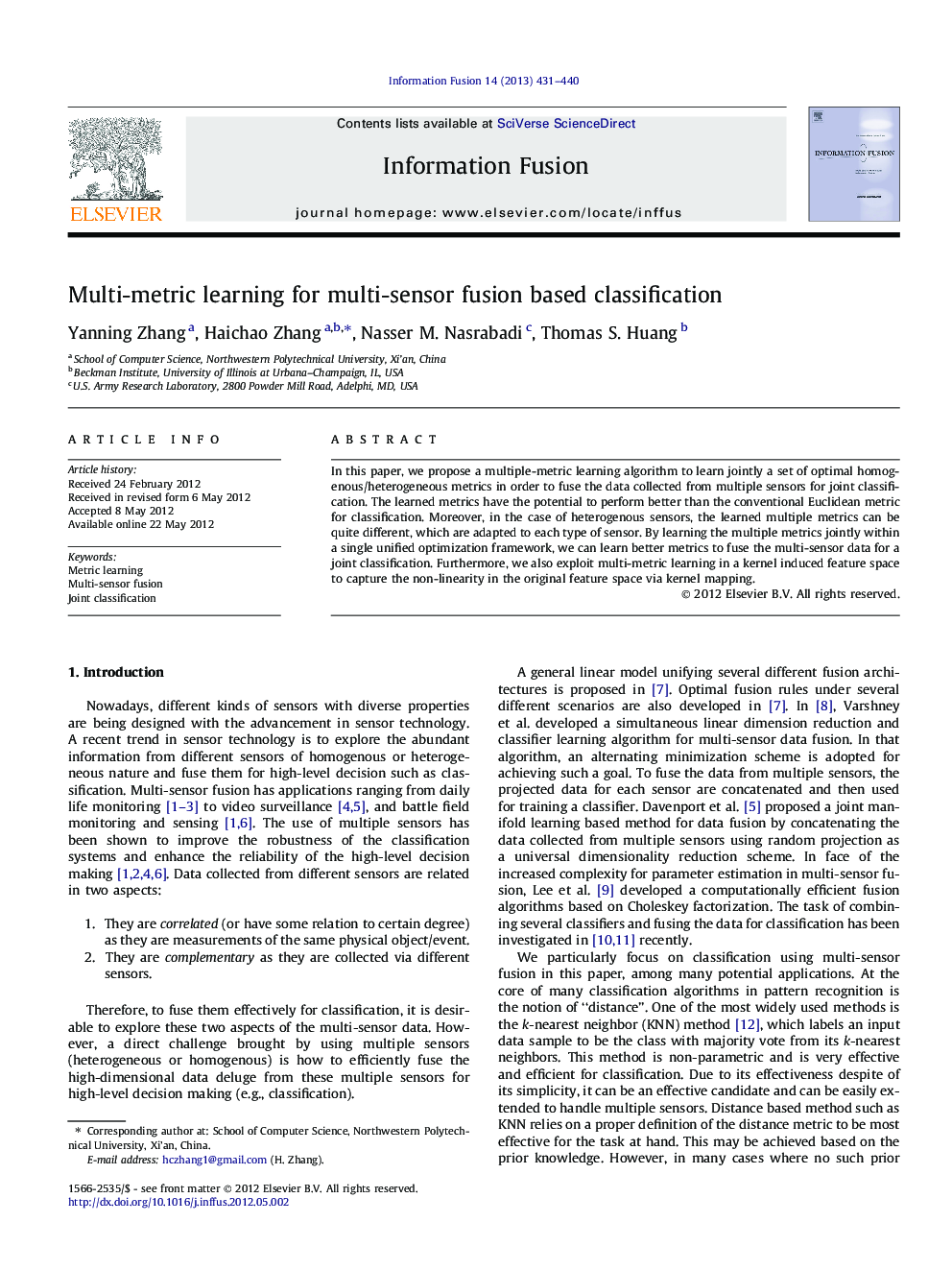 Multi-metric learning for multi-sensor fusion based classification