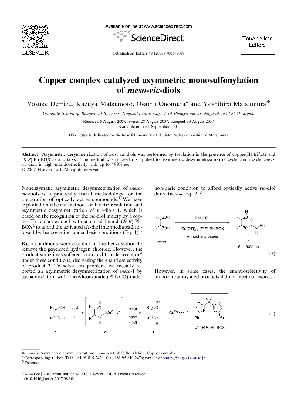 Copper complex catalyzed asymmetric monosulfonylation of meso-vic-diols