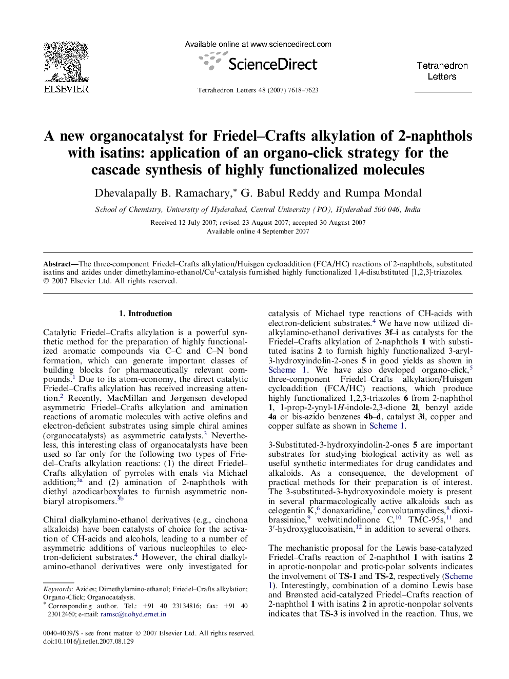 A new organocatalyst for Friedel-Crafts alkylation of 2-naphthols with isatins: application of an organo-click strategy for the cascade synthesis of highly functionalized molecules