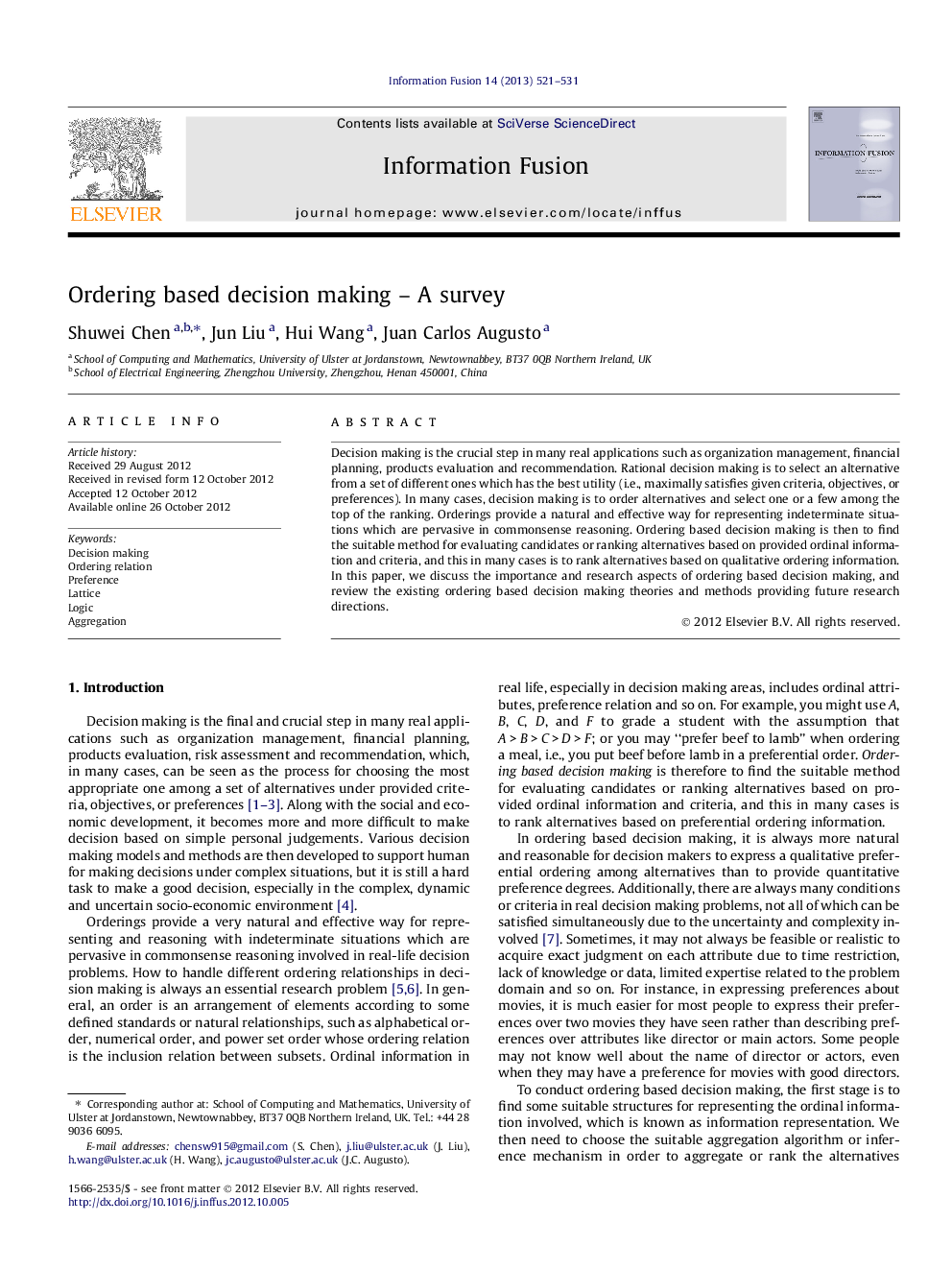 Ordering based decision making – A survey