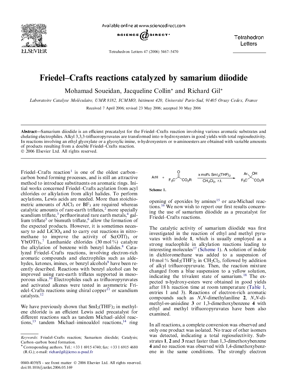 Friedel-Crafts reactions catalyzed by samarium diiodide