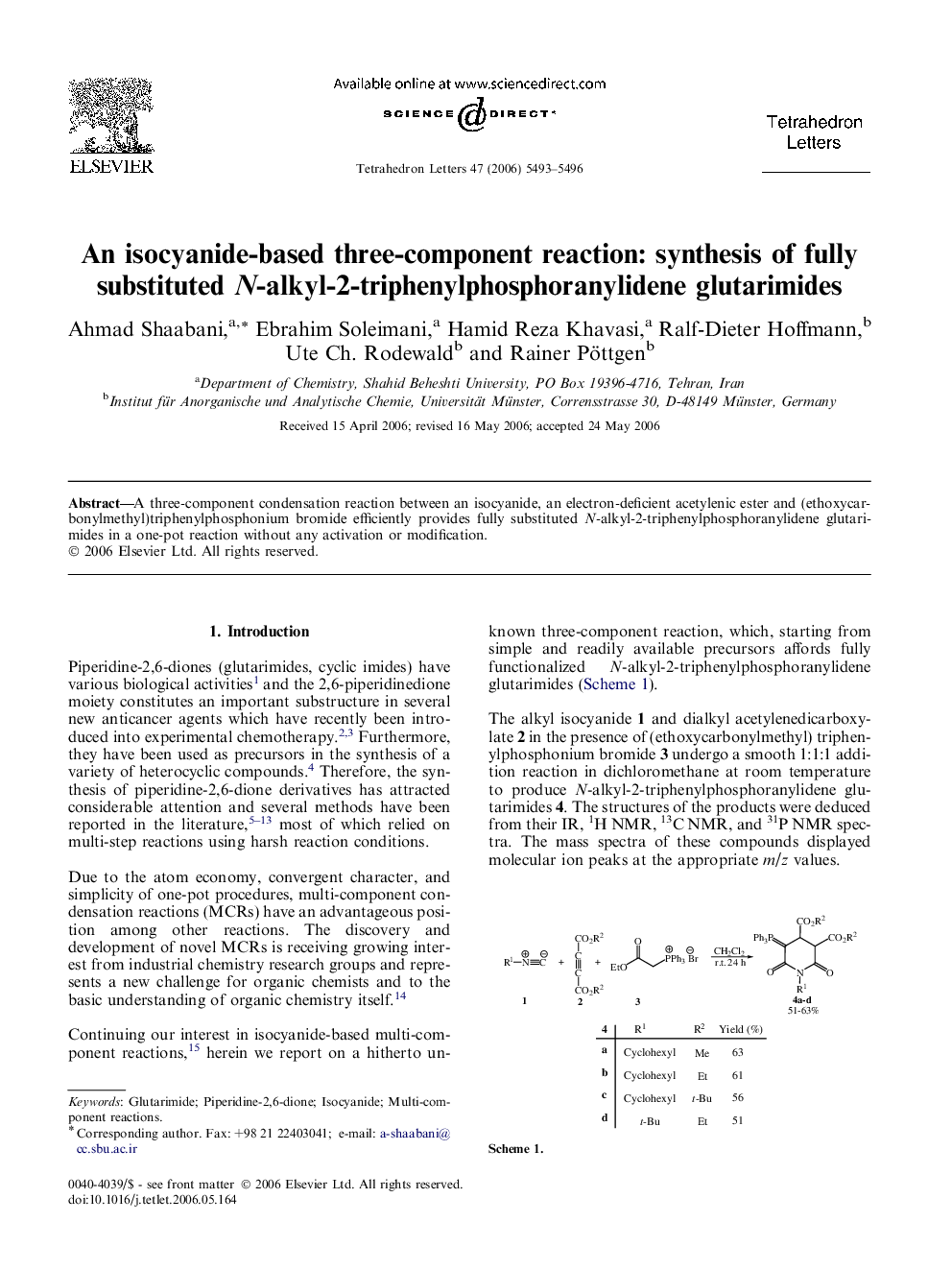 An isocyanide-based three-component reaction: synthesis of fully substituted N-alkyl-2-triphenylphosphoranylidene glutarimides