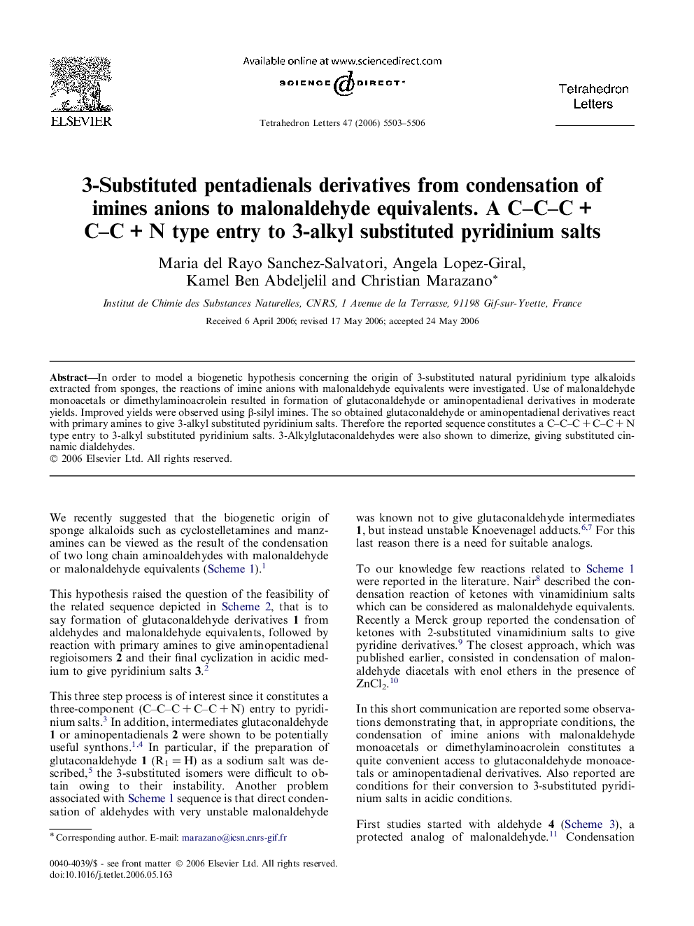 عکس صفحه اول مقاله: 3-Substituted pentadienals derivatives from condensation of imines anions to malonaldehyde equivalents. A C-C-CÂ +Â C-CÂ +Â N type entry to 3-alkyl substituted pyridinium salts 3-Substituted pentadienals derivatives from condensation of imines anions to malonaldehyde equivalents. A C-C-CÂ +Â C-CÂ +Â N type entry to 3-alkyl substituted pyridinium salts