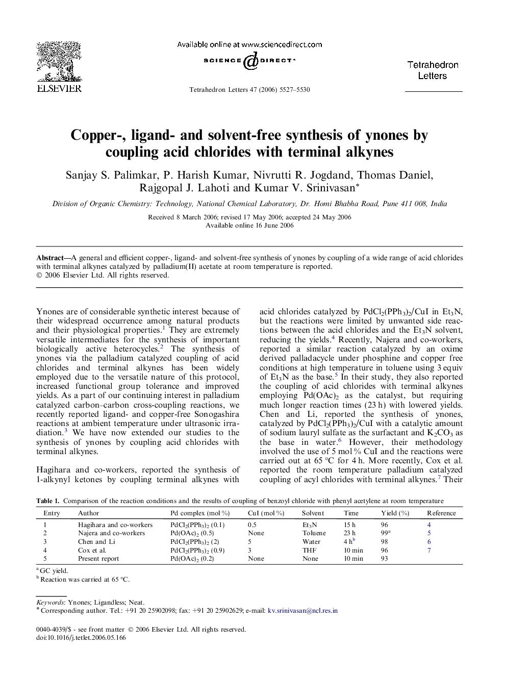 Copper-, ligand- and solvent-free synthesis of ynones by coupling acid chlorides with terminal alkynes