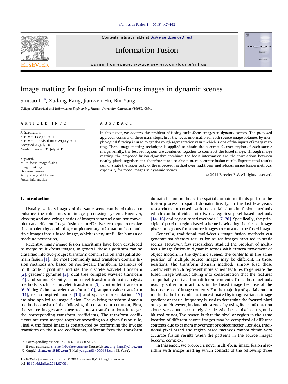 Image matting for fusion of multi-focus images in dynamic scenes