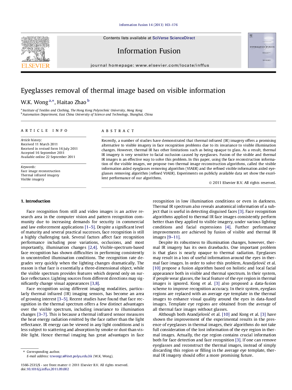 Eyeglasses removal of thermal image based on visible information