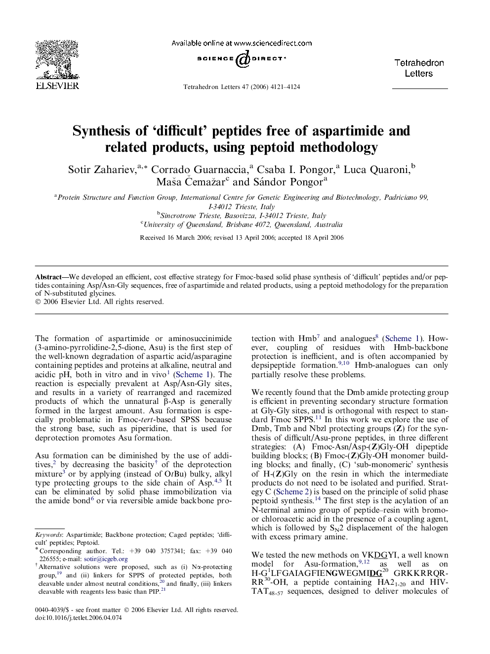 Synthesis of 'difficult' peptides free of aspartimide and related products, using peptoid methodology