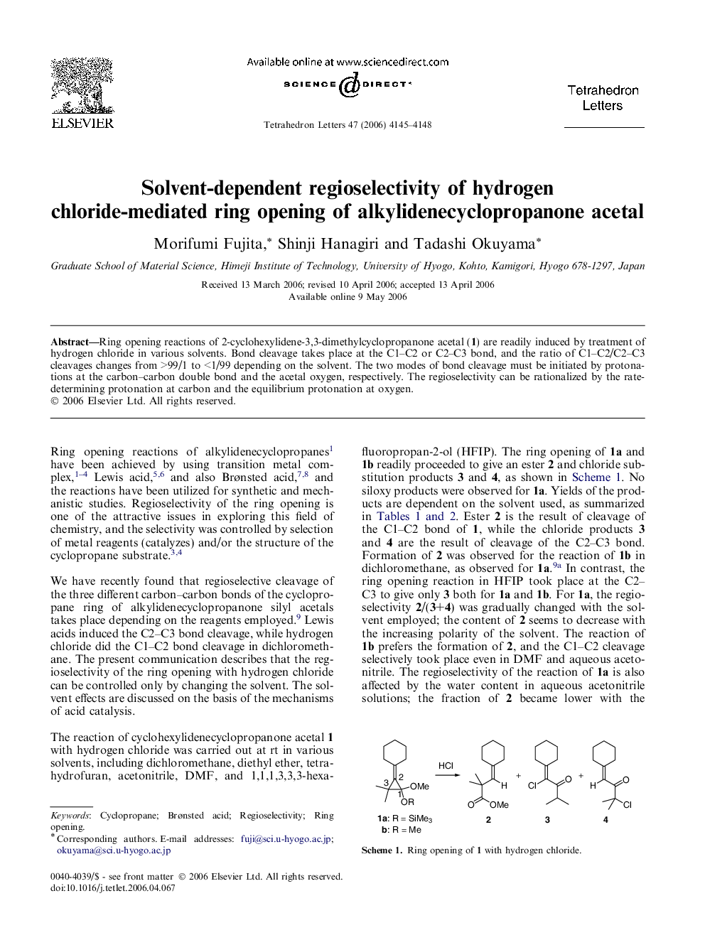 Solvent-dependent regioselectivity of hydrogen chloride-mediated ring opening of alkylidenecyclopropanone acetal