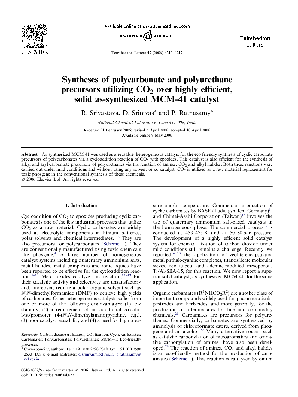 Syntheses of polycarbonate and polyurethane precursors utilizing CO2 over highly efficient, solid as-synthesized MCM-41 catalyst