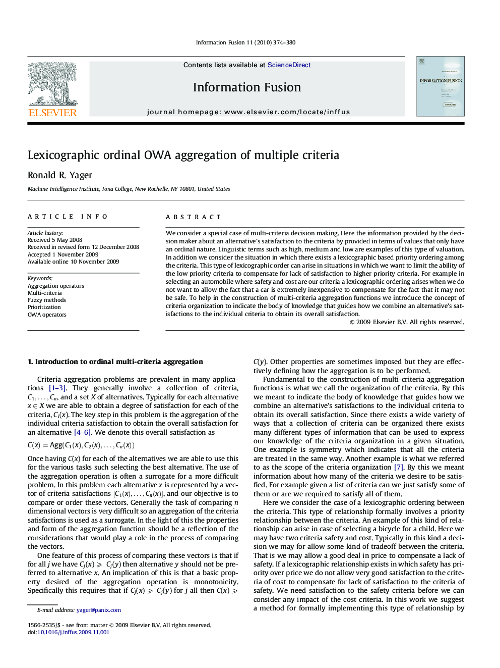 Lexicographic ordinal OWA aggregation of multiple criteria