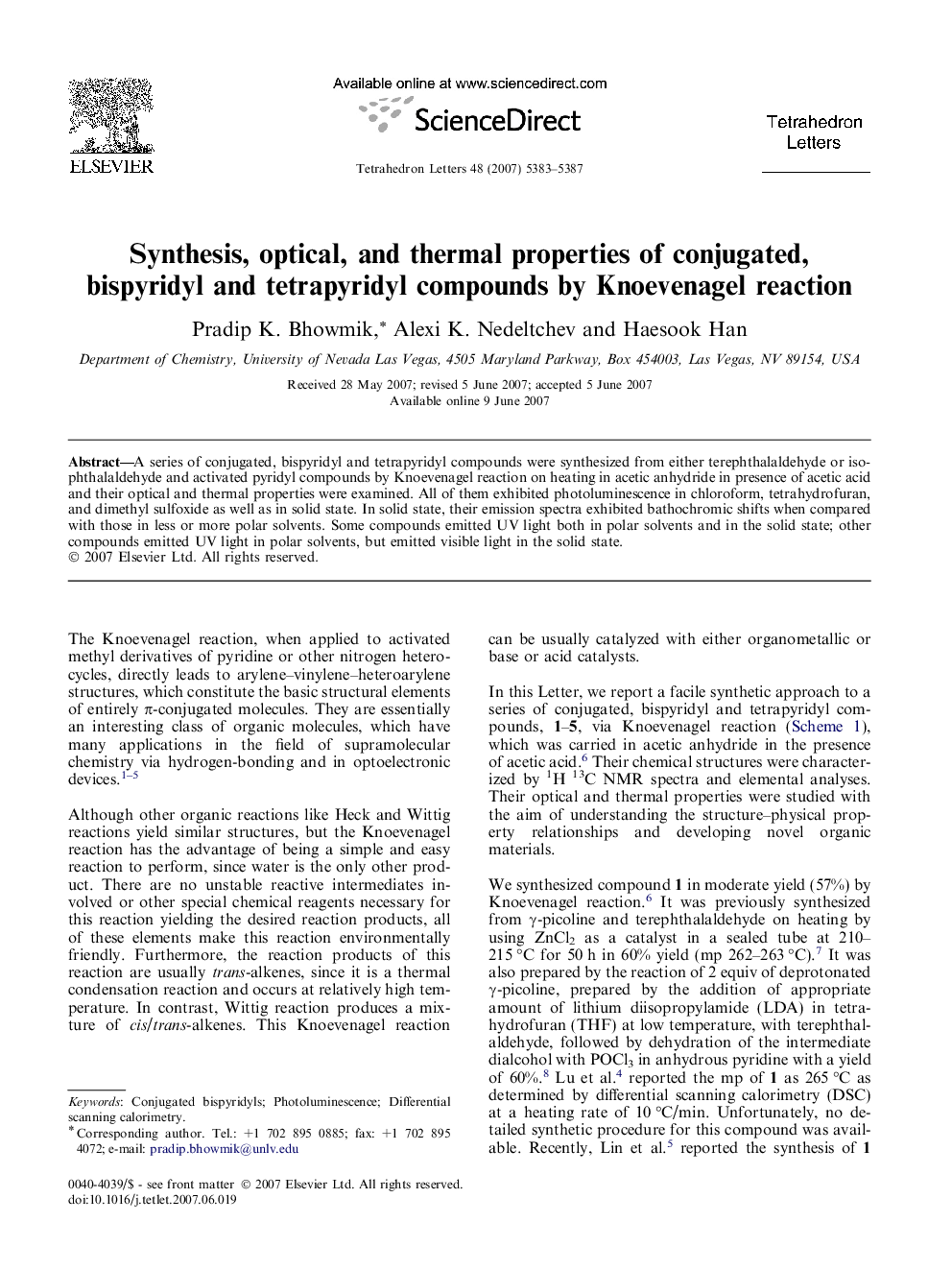 Synthesis, optical, and thermal properties of conjugated, bispyridyl and tetrapyridyl compounds by Knoevenagel reaction