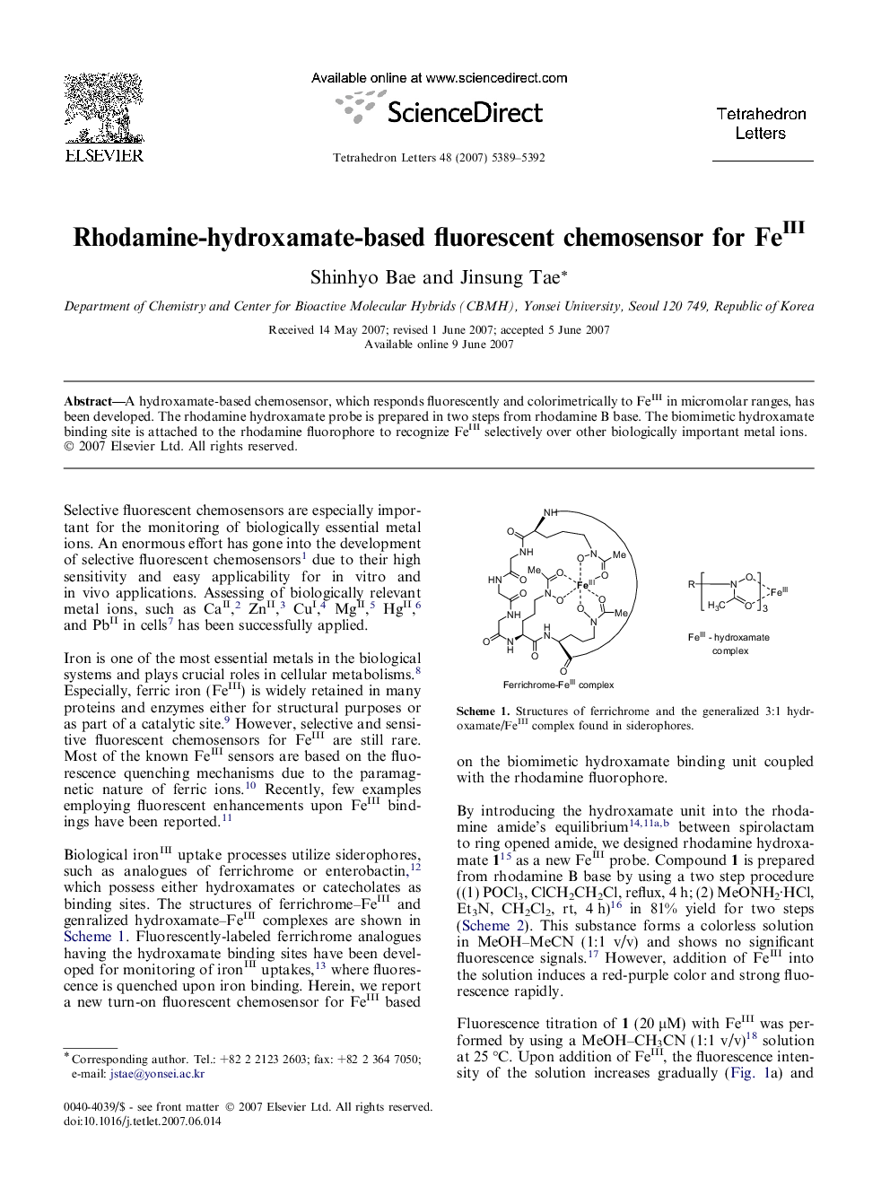 Rhodamine-hydroxamate-based fluorescent chemosensor for FeIII
