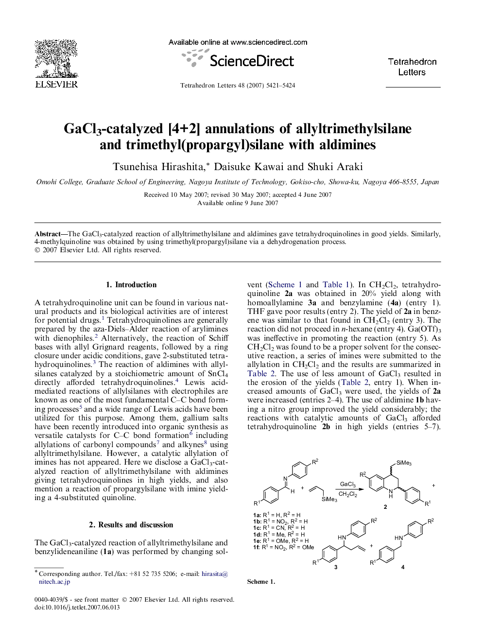 GaCl3-catalyzed [4+2] annulations of allyltrimethylsilane and trimethyl(propargyl)silane with aldimines