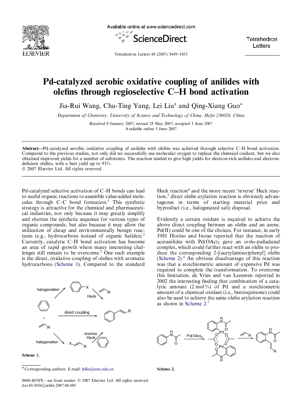 Pd-catalyzed aerobic oxidative coupling of anilides with olefins through regioselective C-H bond activation