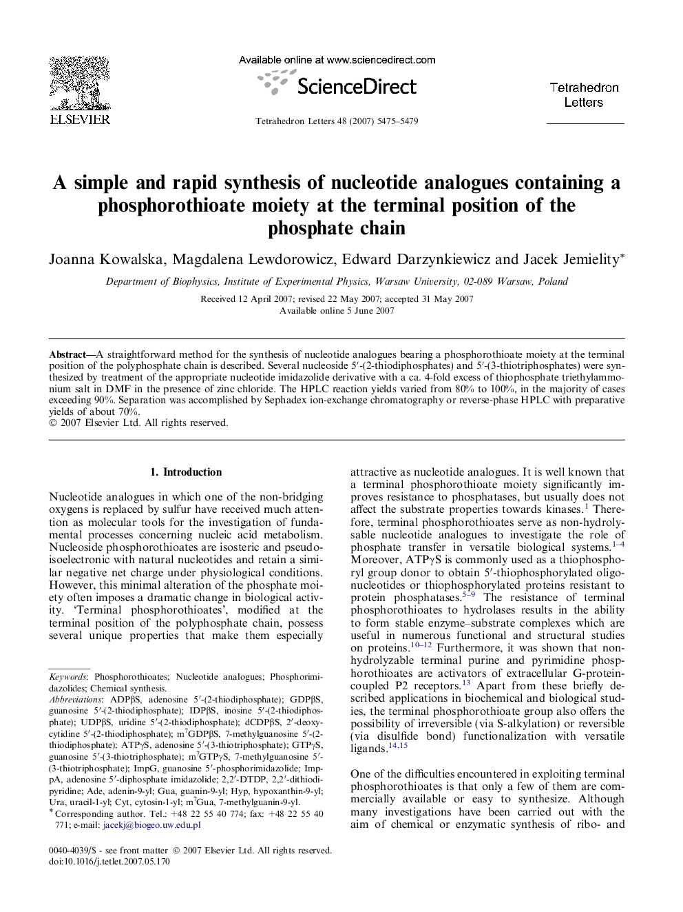 A simple and rapid synthesis of nucleotide analogues containing a phosphorothioate moiety at the terminal position of the phosphate chain