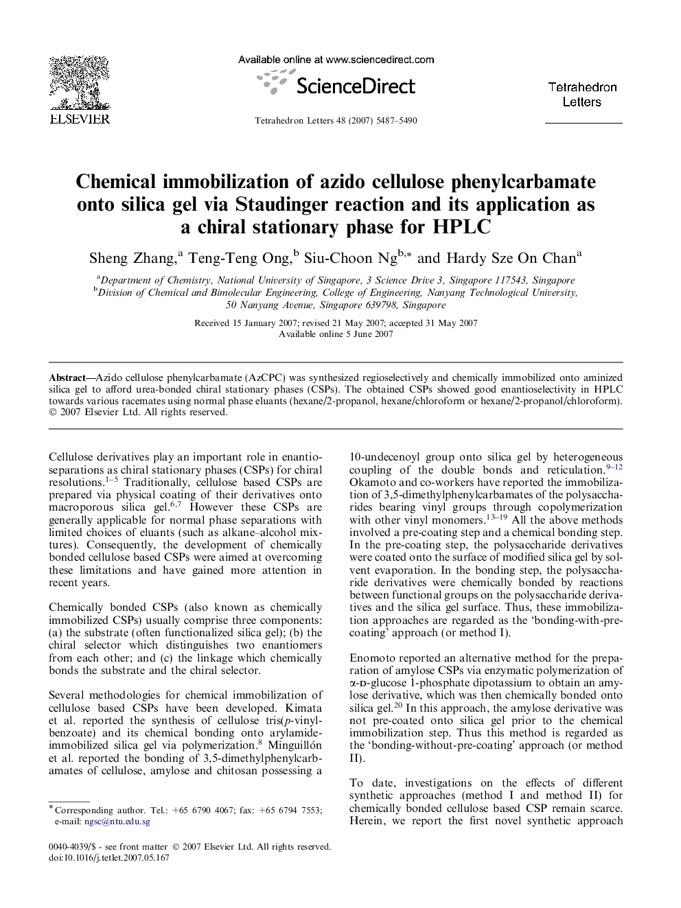 Chemical immobilization of azido cellulose phenylcarbamate onto silica gel via Staudinger reaction and its application as a chiral stationary phase for HPLC