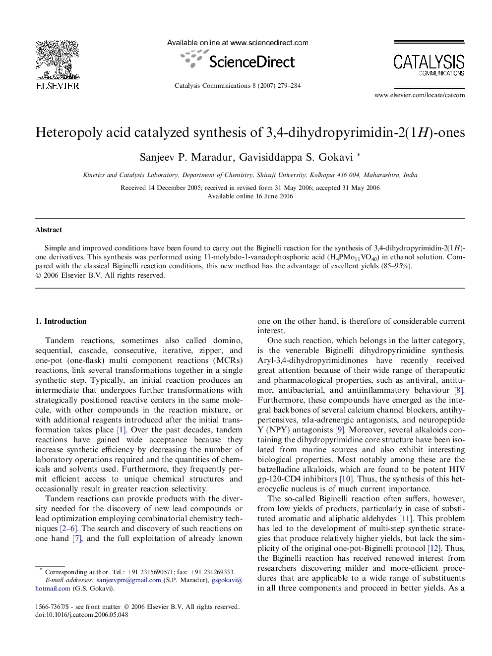 Heteropoly acid catalyzed synthesis of 3,4-dihydropyrimidin-2(1H)-ones