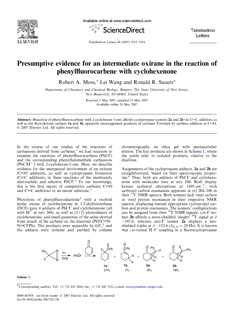 Presumptive evidence for an intermediate oxirane in the reaction of phenylfluorocarbene with cyclohexenone