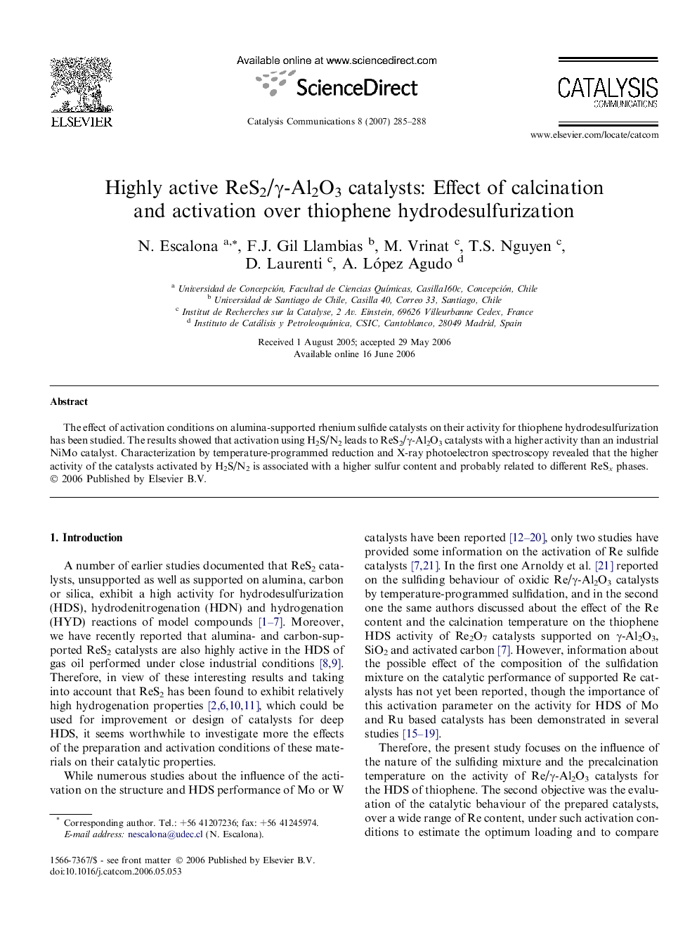 Highly active ReS2/γ-Al2O3 catalysts: Effect of calcination and activation over thiophene hydrodesulfurization