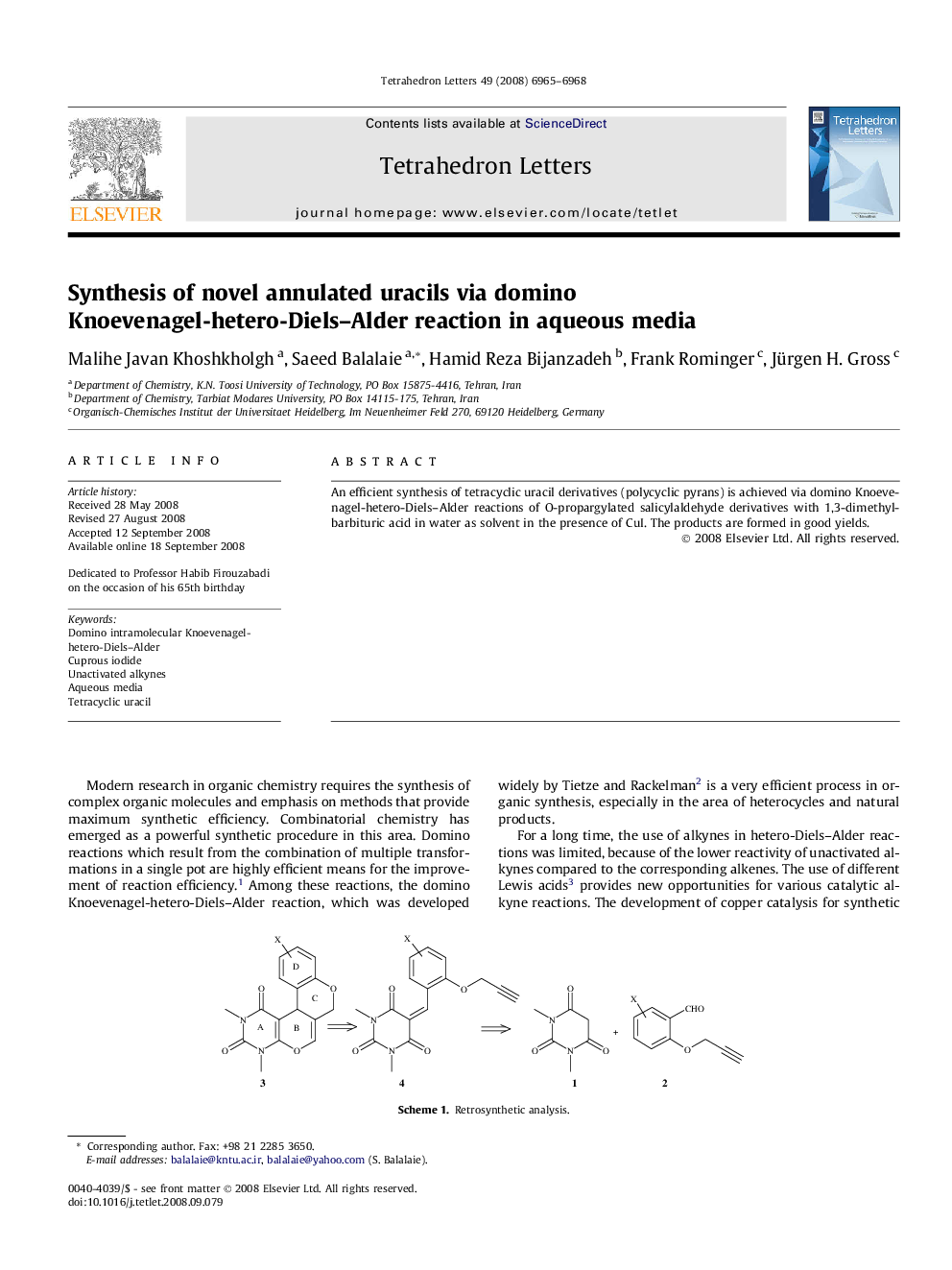 Synthesis of novel annulated uracils via domino Knoevenagel-hetero-Diels-Alder reaction in aqueous media