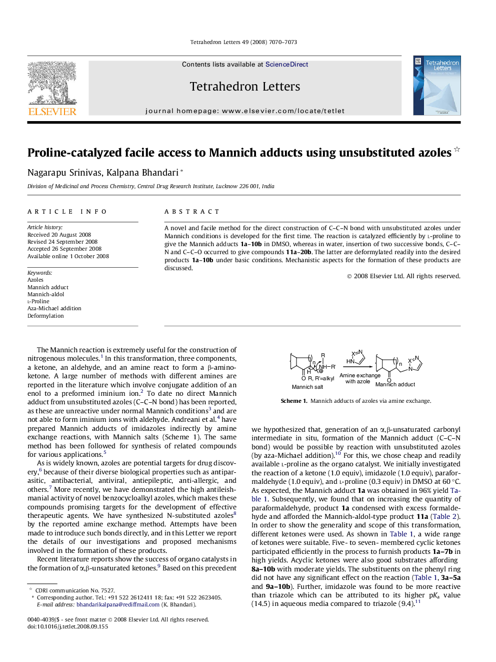 Proline-catalyzed facile access to Mannich adducts using unsubstituted azoles