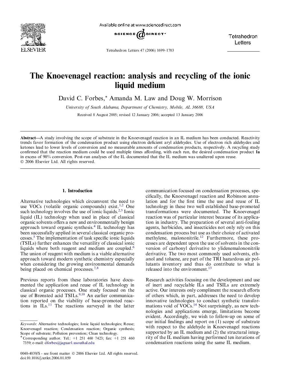 The Knoevenagel reaction: analysis and recycling of the ionic liquid medium