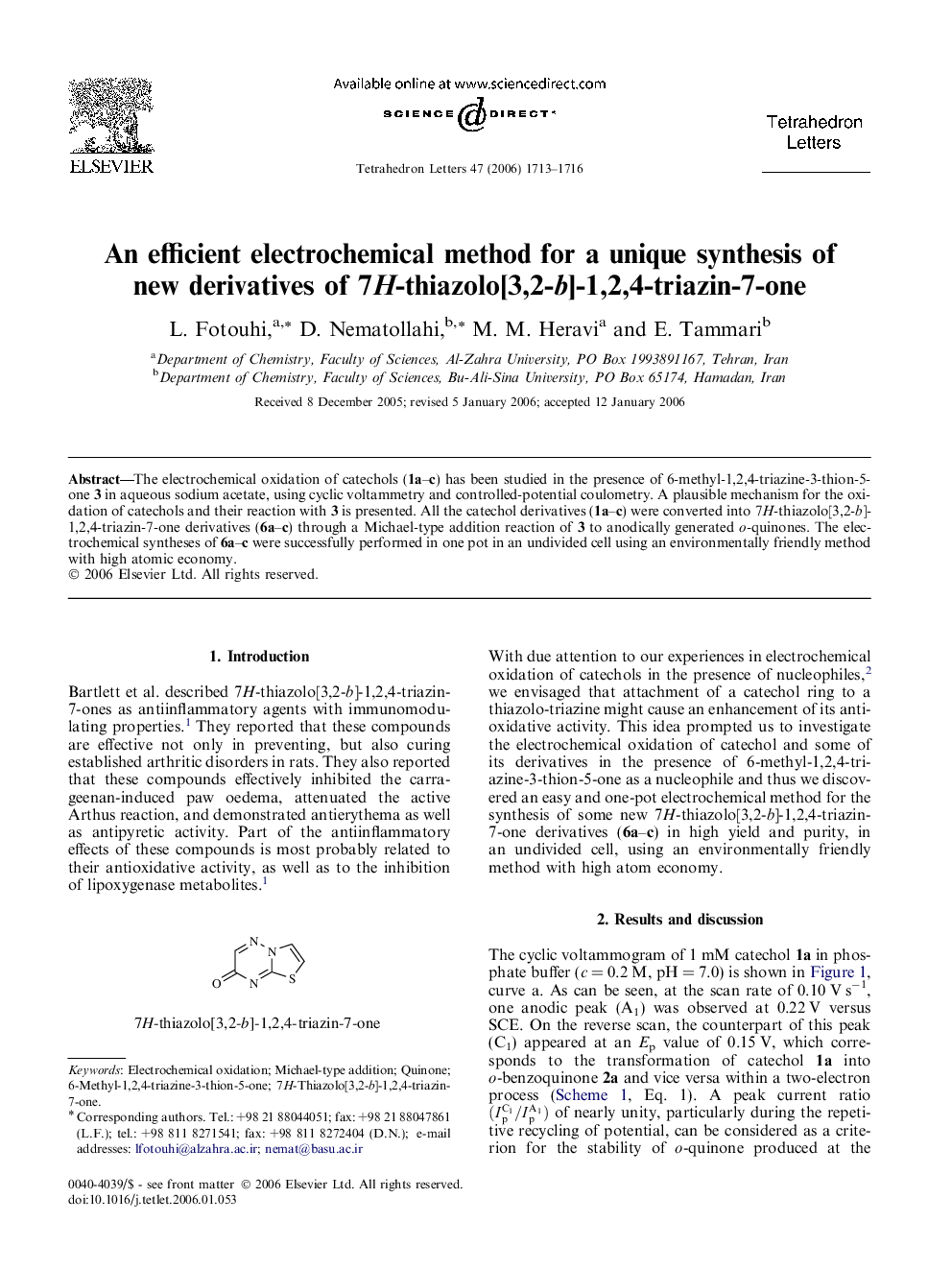 An efficient electrochemical method for a unique synthesis of new derivatives of 7H-thiazolo[3,2-b]-1,2,4-triazin-7-one