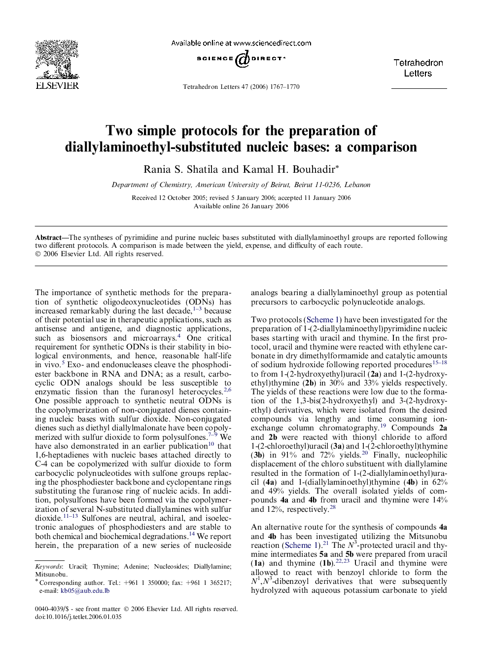 Two simple protocols for the preparation of diallylaminoethyl-substituted nucleic bases: a comparison