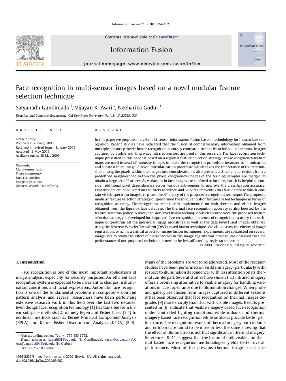 Face recognition in multi-sensor images based on a novel modular feature selection technique