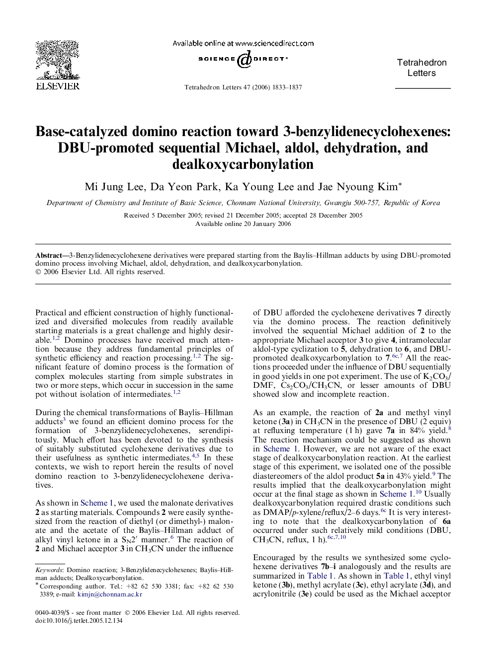 Base-catalyzed domino reaction toward 3-benzylidenecyclohexenes: DBU-promoted sequential Michael, aldol, dehydration, and dealkoxycarbonylation