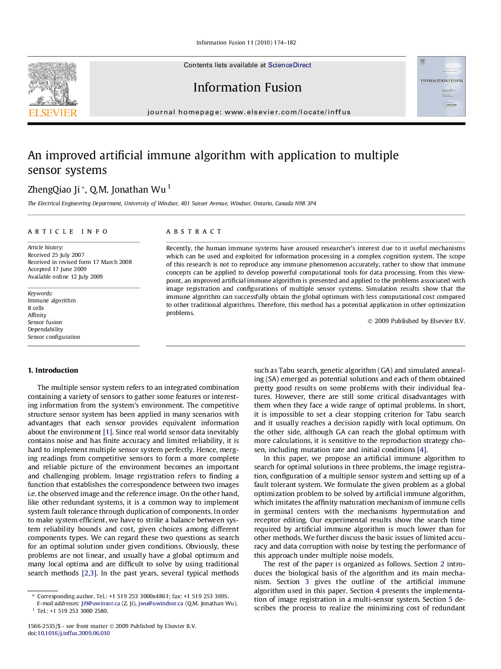 An improved artificial immune algorithm with application to multiple sensor systems