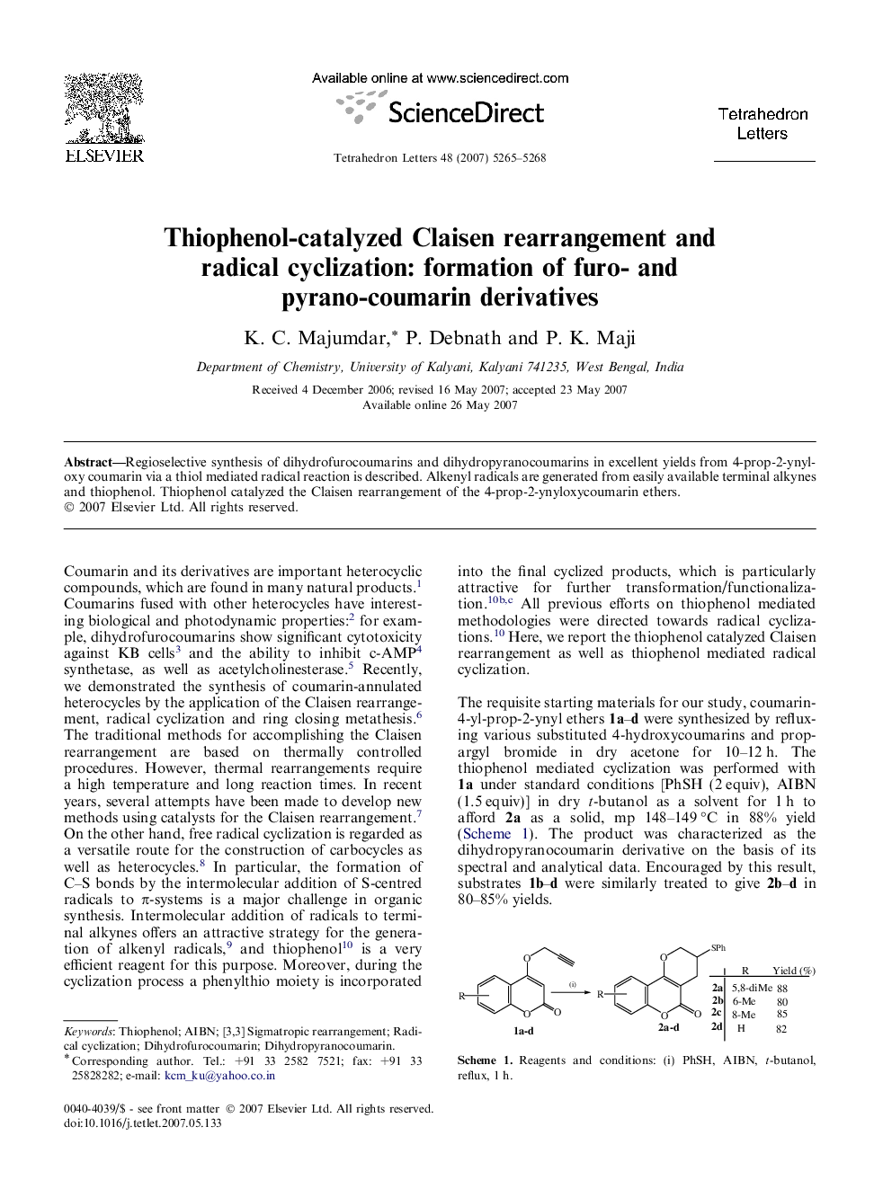 Thiophenol-catalyzed Claisen rearrangement and radical cyclization: formation of furo- and pyrano-coumarin derivatives