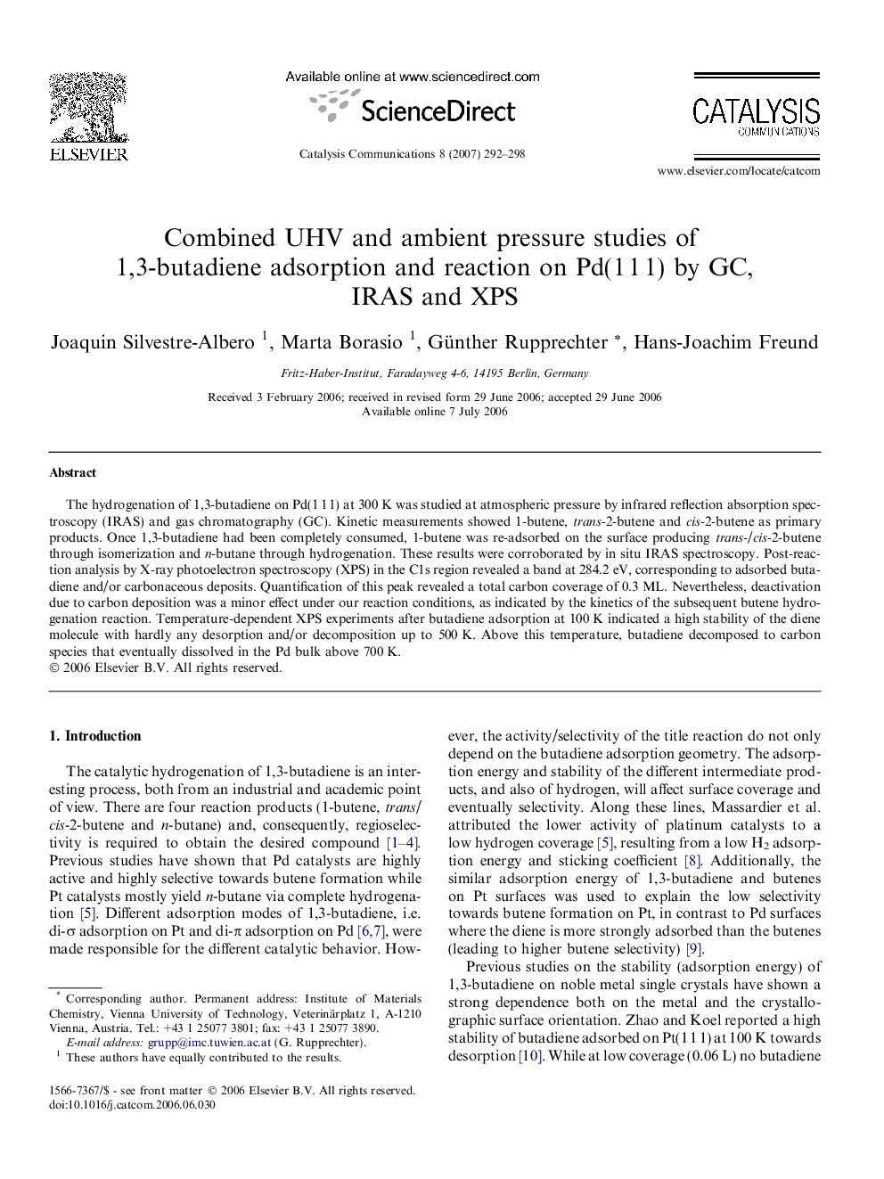 Combined UHV and ambient pressure studies of 1,3-butadiene adsorption and reaction on Pd(1 1 1) by GC, IRAS and XPS