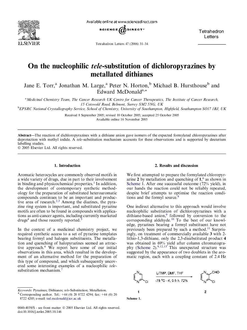 On the nucleophilic tele-substitution of dichloropyrazines by metallated dithianes